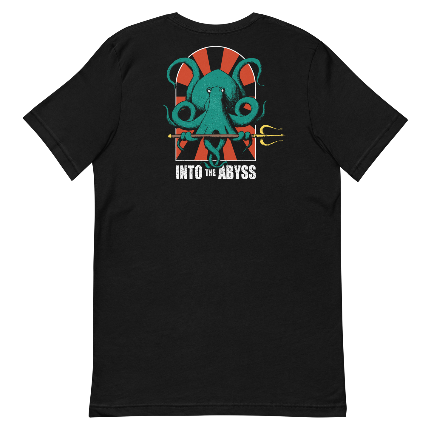 Into the Abyss Spearfishing T-Shirt showcasing an octopus with trident on a red and black background
