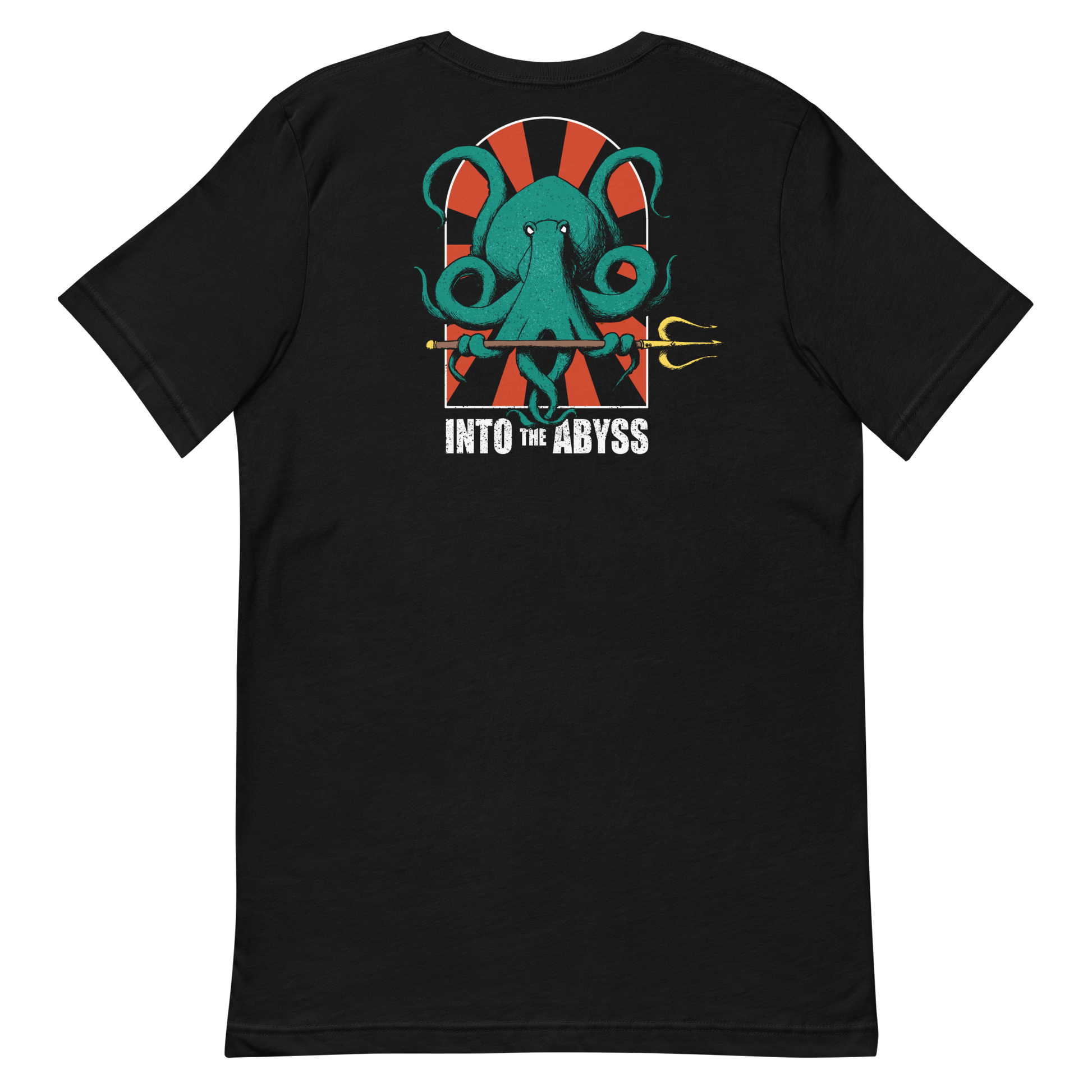 Into the Abyss Spearfishing T-Shirt showcasing an octopus with trident on a red and black background